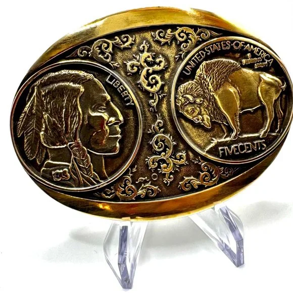 Montana Silversmiths Buffalo Nickel Brass Belt Buckle, Five Cents Beautiful